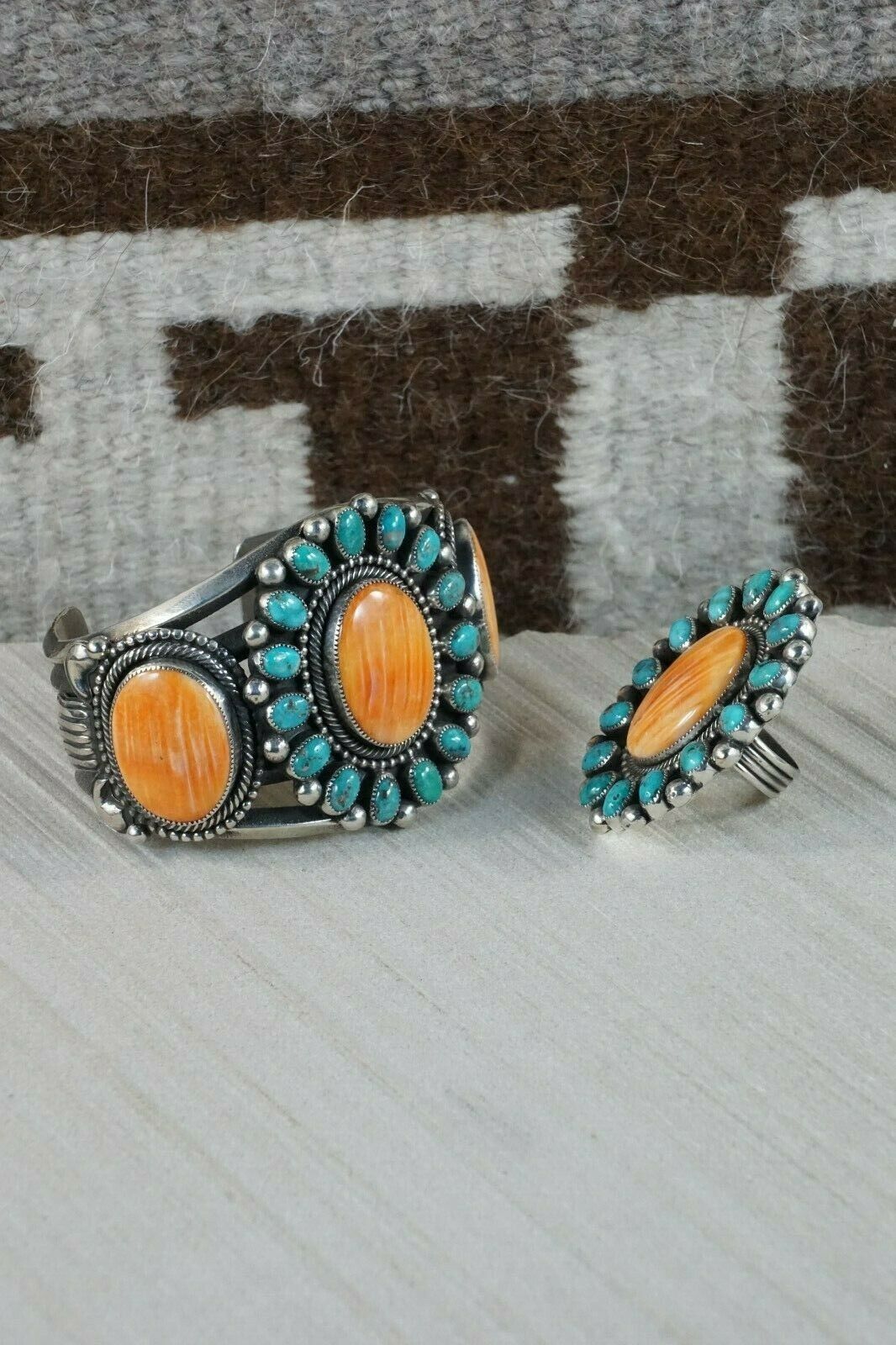 Navajo Spiny Oyster & Sterling Silver Bracelet and Ring - Myron Etsitty - High Lonesome Trading