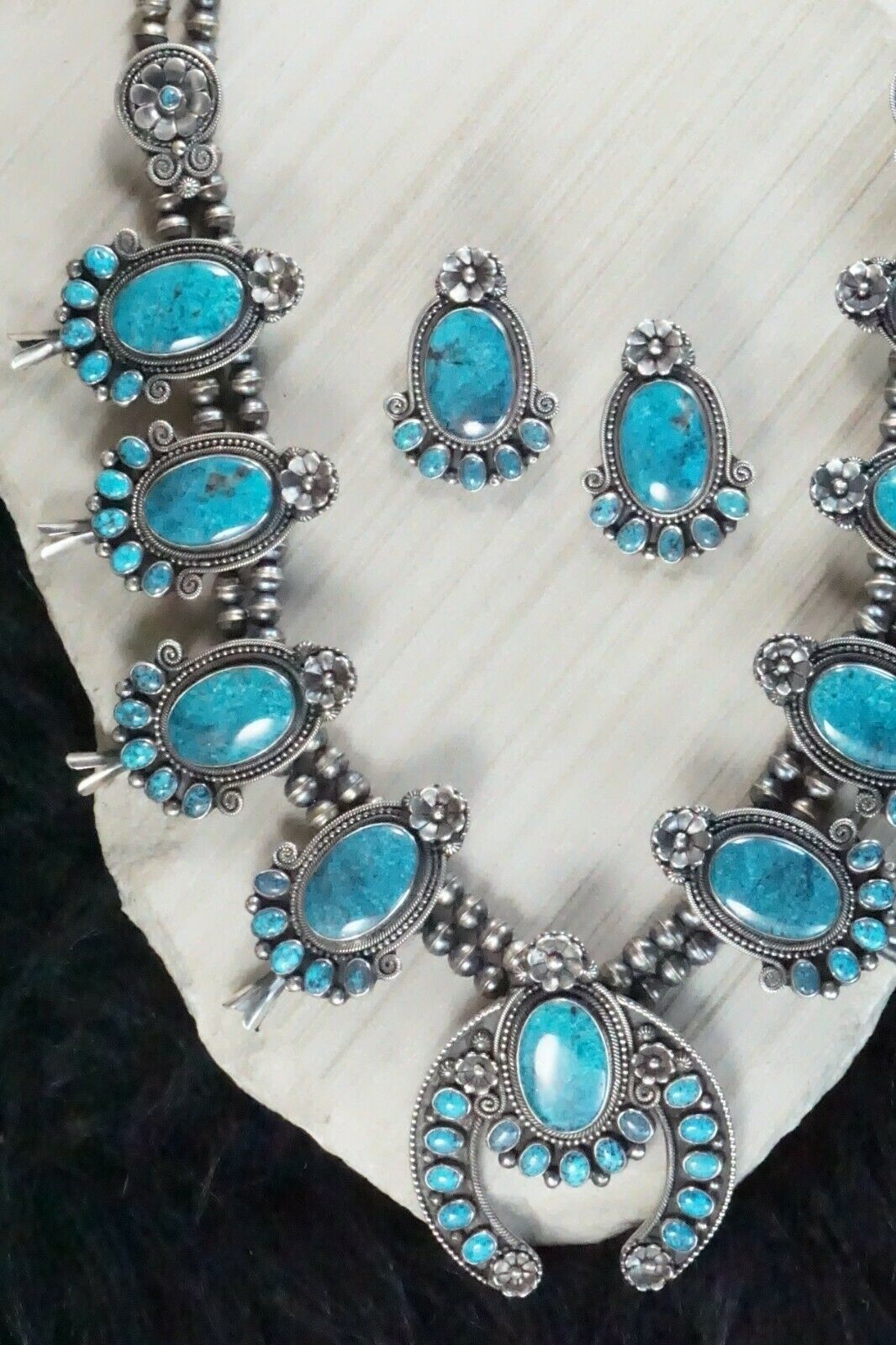 Turquoise & Sterling Silver Squash Blossom & Earrings - Myron Etsitty