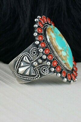 Navajo Turquoise & Coral Sterling Silver Bracelet - Braxton Parkett - High Lonesome Trading