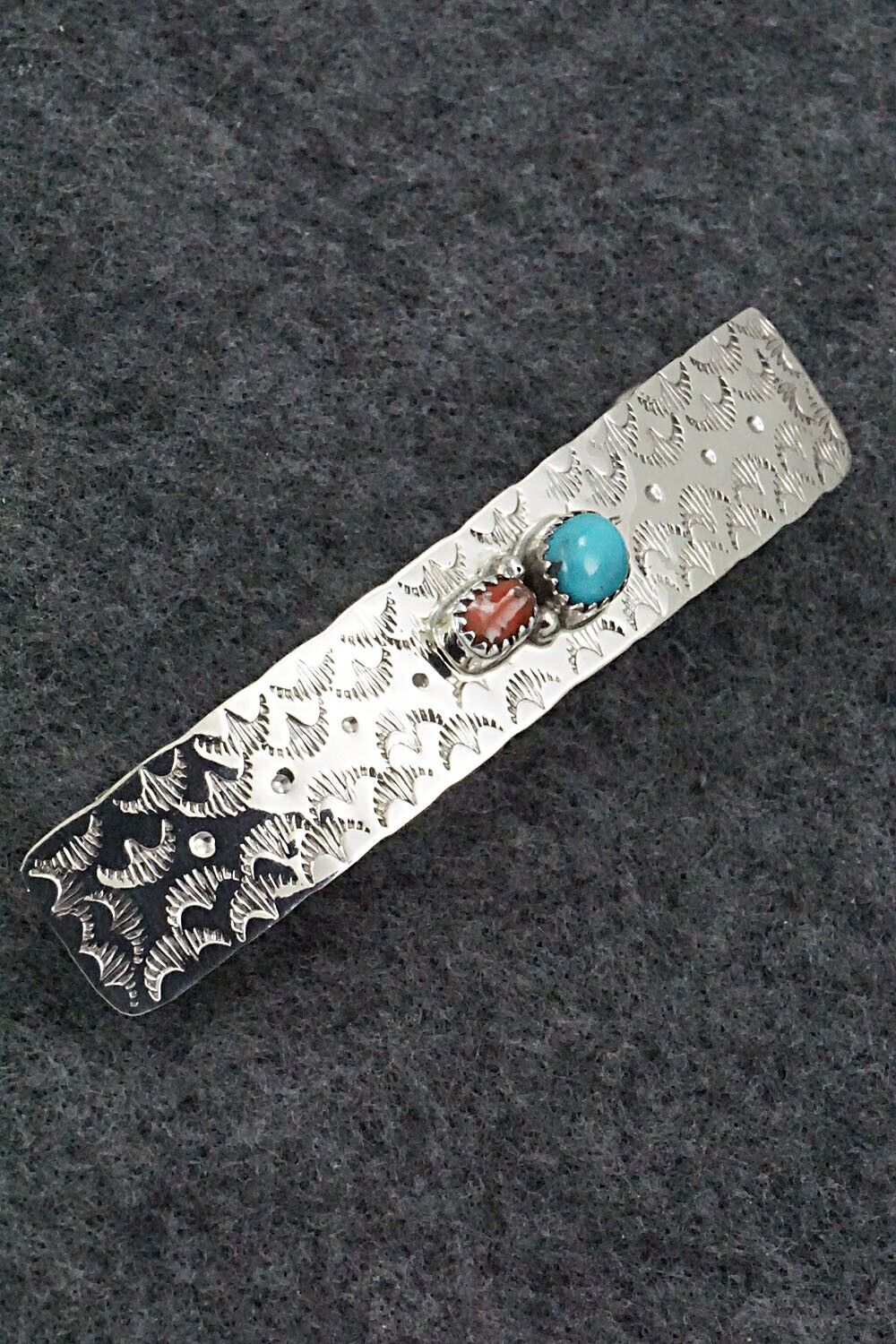 Turquoise, Coral & Sterling Silver Hair Barrette - Sally Arviso