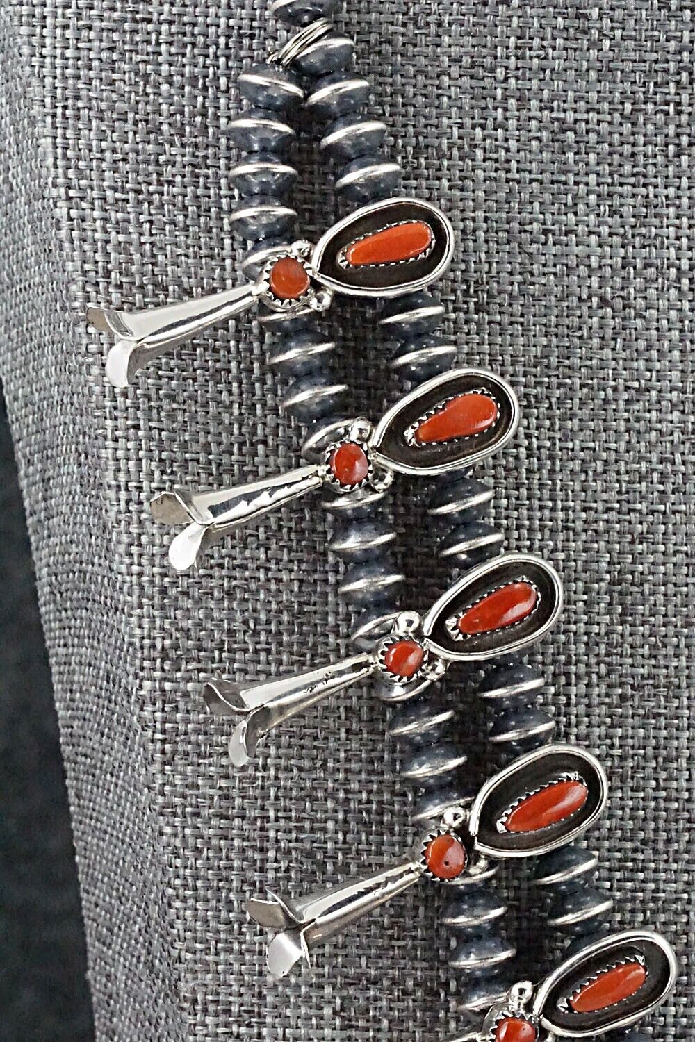 Coral & Sterling Silver Squash Blossom and Earrings - Vie Bobelu