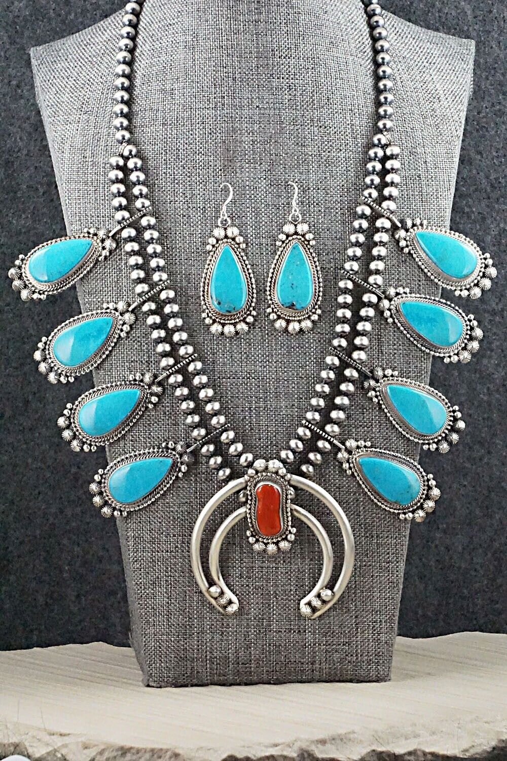 Turquoise, Coral & Sterling Silver Squash Blossom Set - Tom Lewis