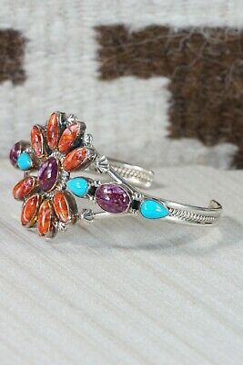 Navajo Turquoise, Spiny Oyster & Sterling Silver Flower Bracelet - Bobby Platero