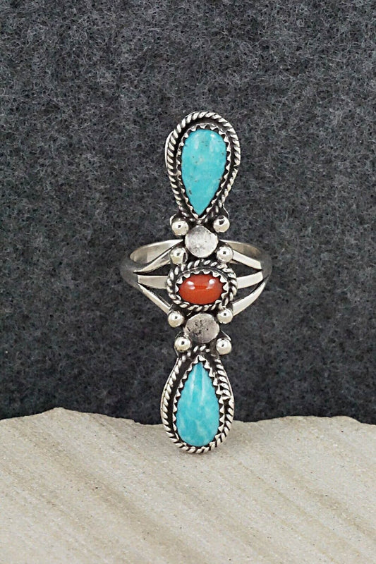 Turquoise, Coral & Sterling Silver Ring - Andrew Vandever - Size 6.5