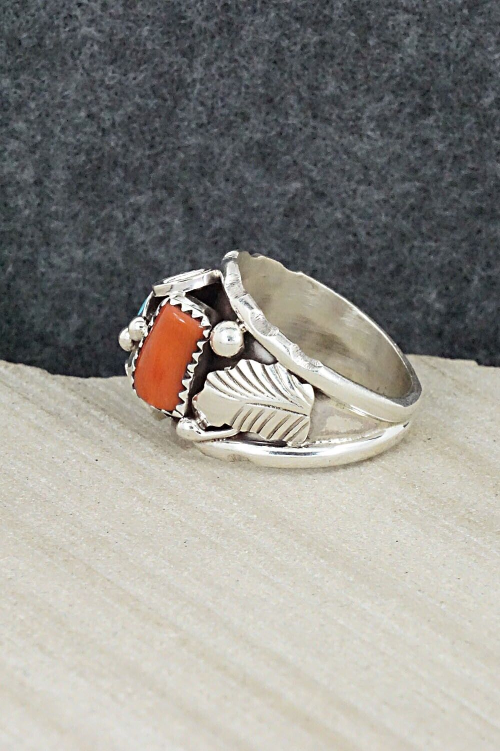 Turquoise, Coral & Sterling Silver Ring - Max Calladitto - Size 9.5