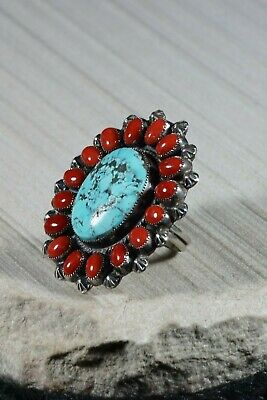 Navajo Turquoise, Coral and Silver Ring - Annie Chapo - Size 10.5 - High Lonesome Trading