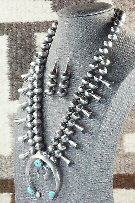 Turquoise & Sterling Silver Squash Blossom and Earrings - Gilbert Martin