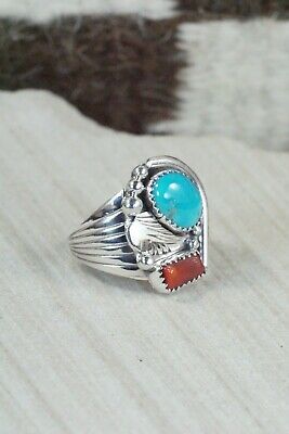 Navajo Turquoise, Coral & Sterling Silver Ring - Jeanette Saunders - Size 9.5