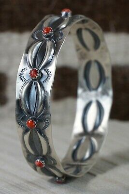 Navajo Coral & Sterling Silver Bangle Cuff - Tim Yazzie - High Lonesome Trading