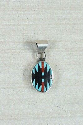 Zuni Inlay Turquoise & Coral Sterling Silver Pendant - Charlotte Dishta - High Lonesome Trading