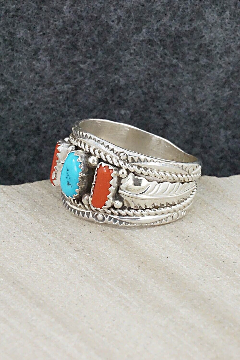 Turquoise, Coral and Sterling Silver Ring - Betty Begay - Size 11