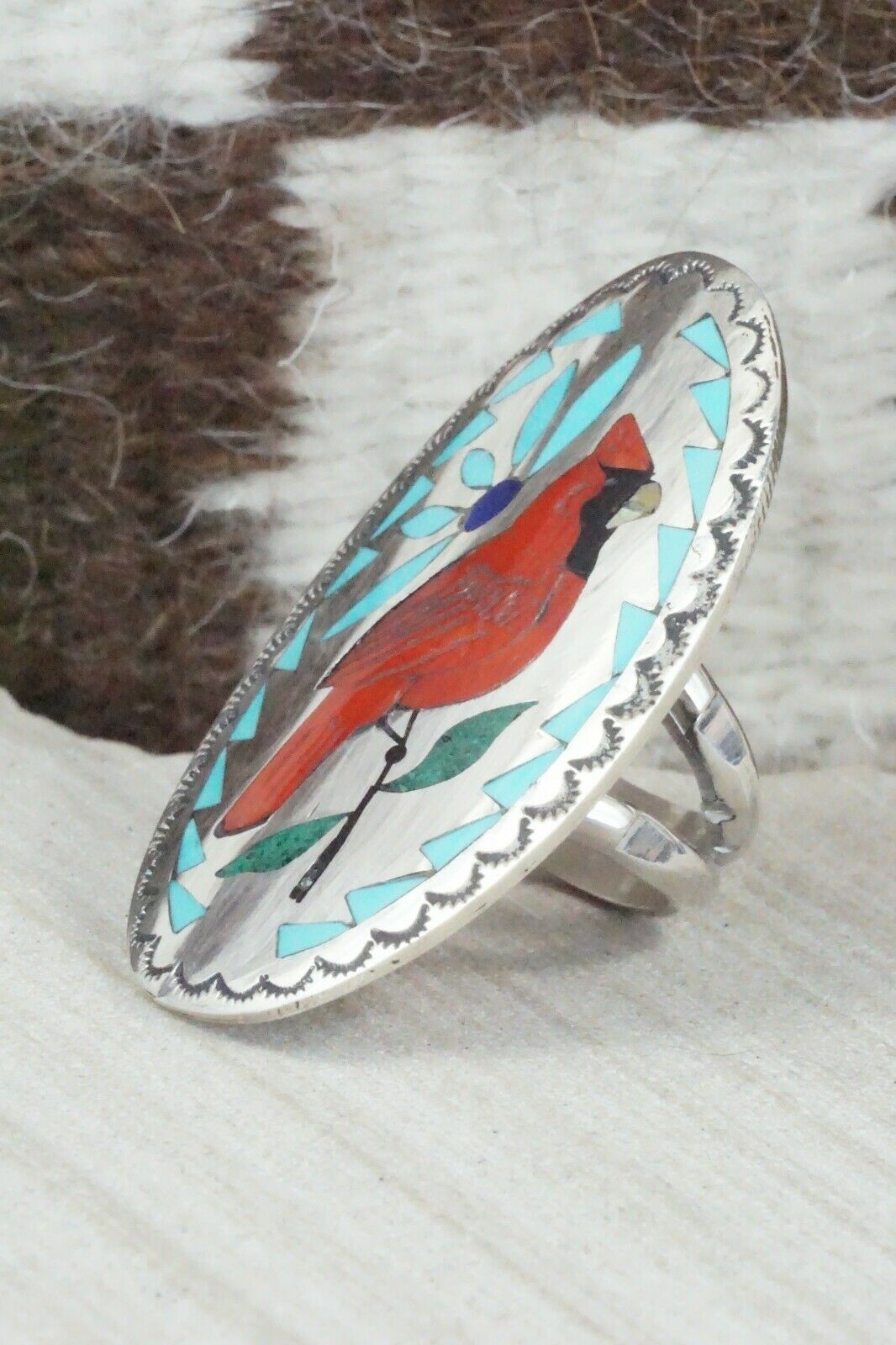 Inlay Coral & Sterling Silver Ring - Quintin Quam - Size 7.5