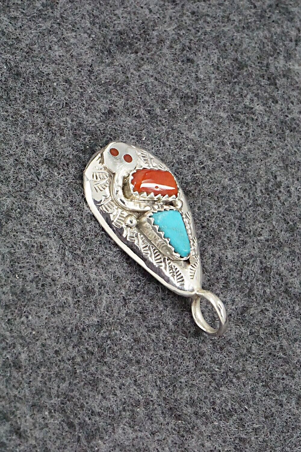 Turquoise, Coral and Sterling Silver Pendant - Joy Calavaza