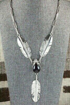 Onyx, Sterling Silver Feather & Chain Necklace - Ben Begay - High Lonesome Trading