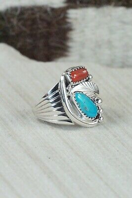 Navajo Turquoise, Coral & Sterling Silver Ring - Jeanette Saunders - Size 9.5