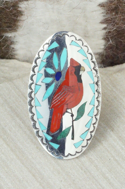 Inlay Coral & Sterling Silver Ring - Quintin Quam - Size 7.5