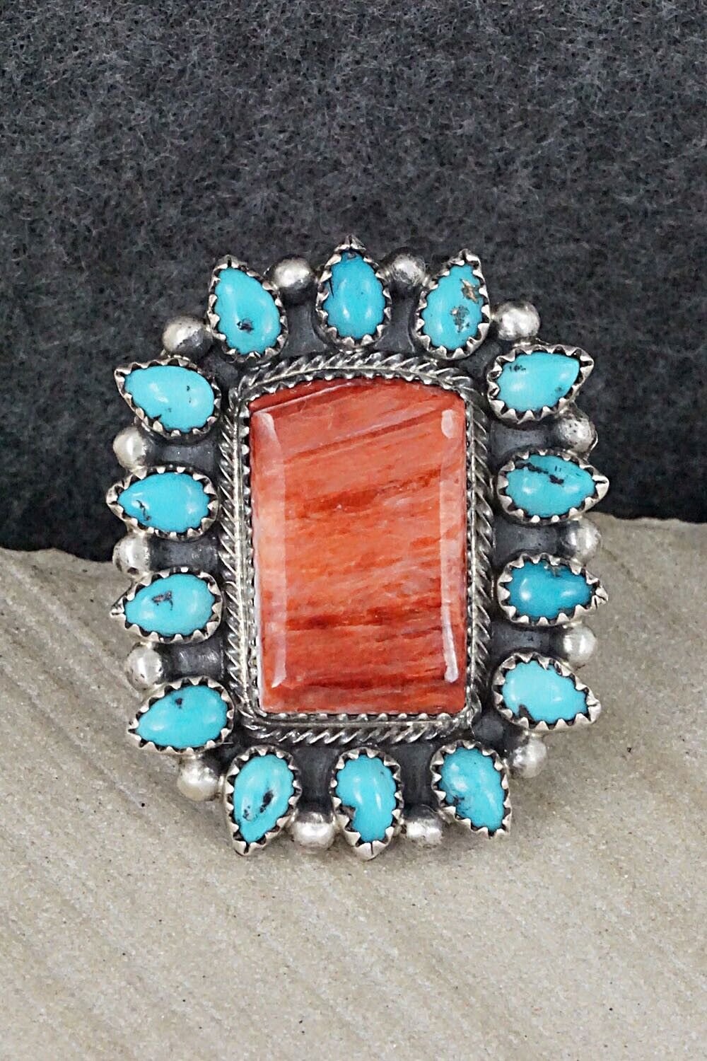 Turquoise, Spiny Oyster & Sterling Silver Ring - Tom Lewis - Size 8.5