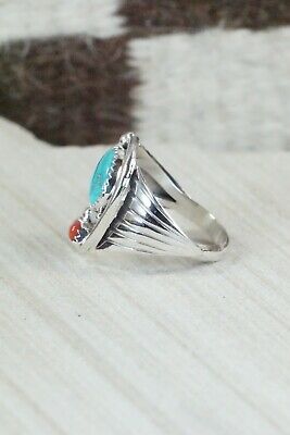 Navajo Turquoise, Coral & Sterling Silver Ring - Jeanette Saunders - Size 10.75