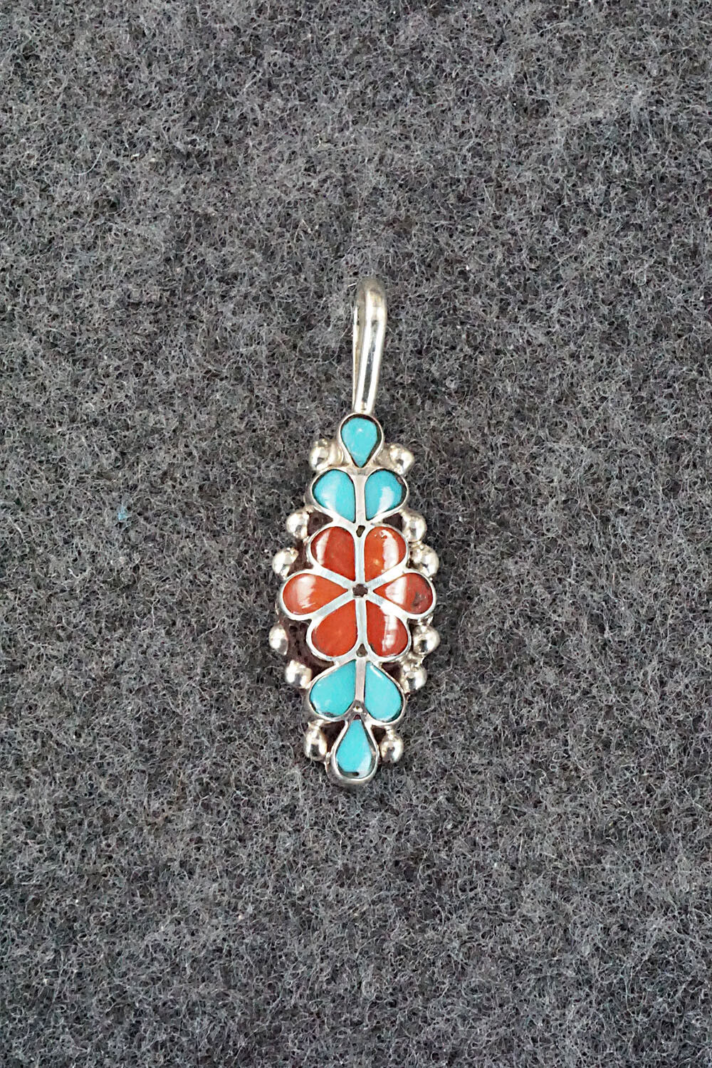 Turquoise, Coral & Sterling Silver Inlay Pendant - Bernadette Hattie