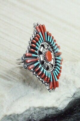 Turquoise, Coral & Sterling Silver Ring - Edmund Cooeyate - Size 6