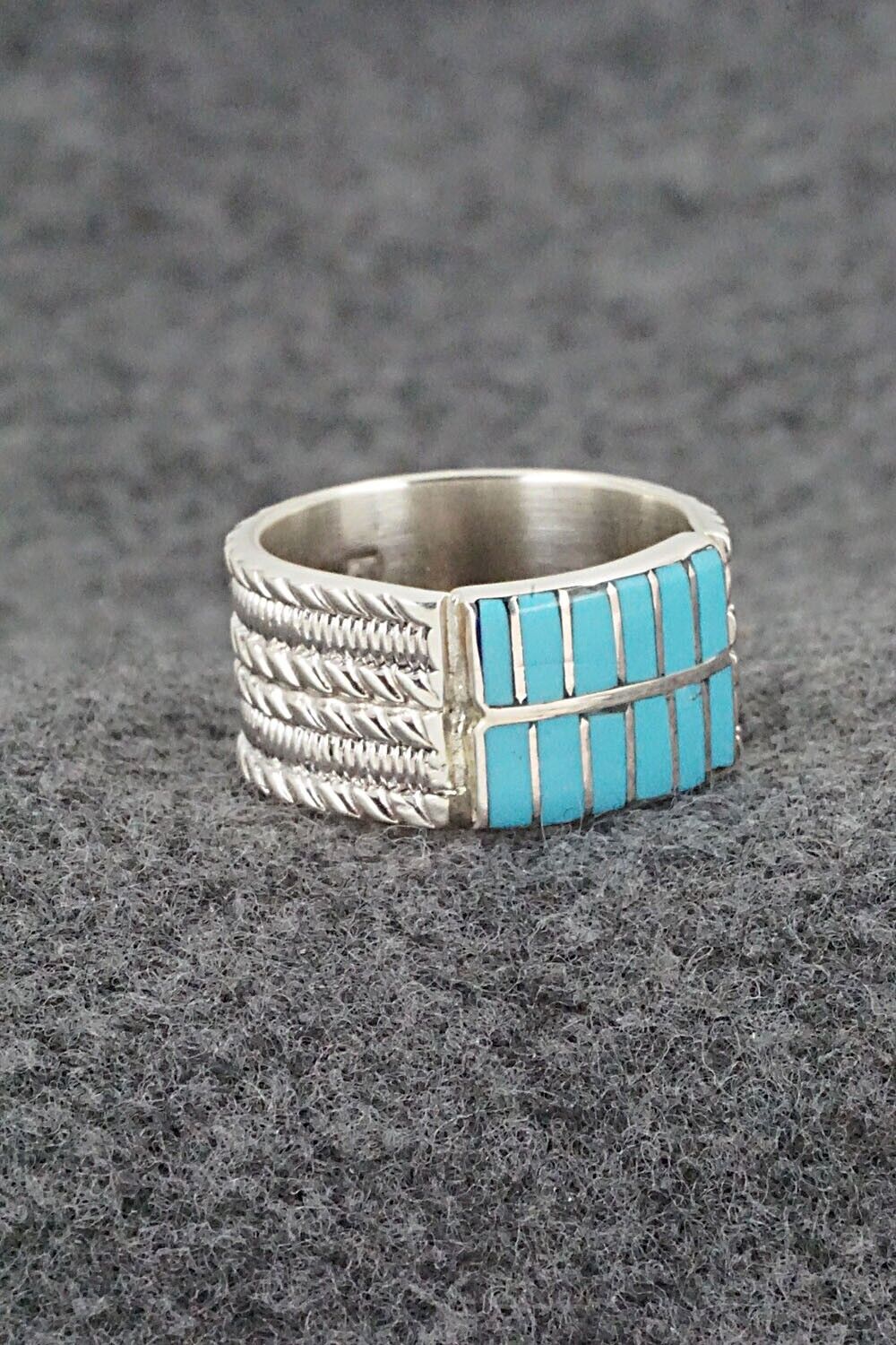 Turquoise & Sterling Silver Inlay Ring - Orlando Laweka - Size 7.5