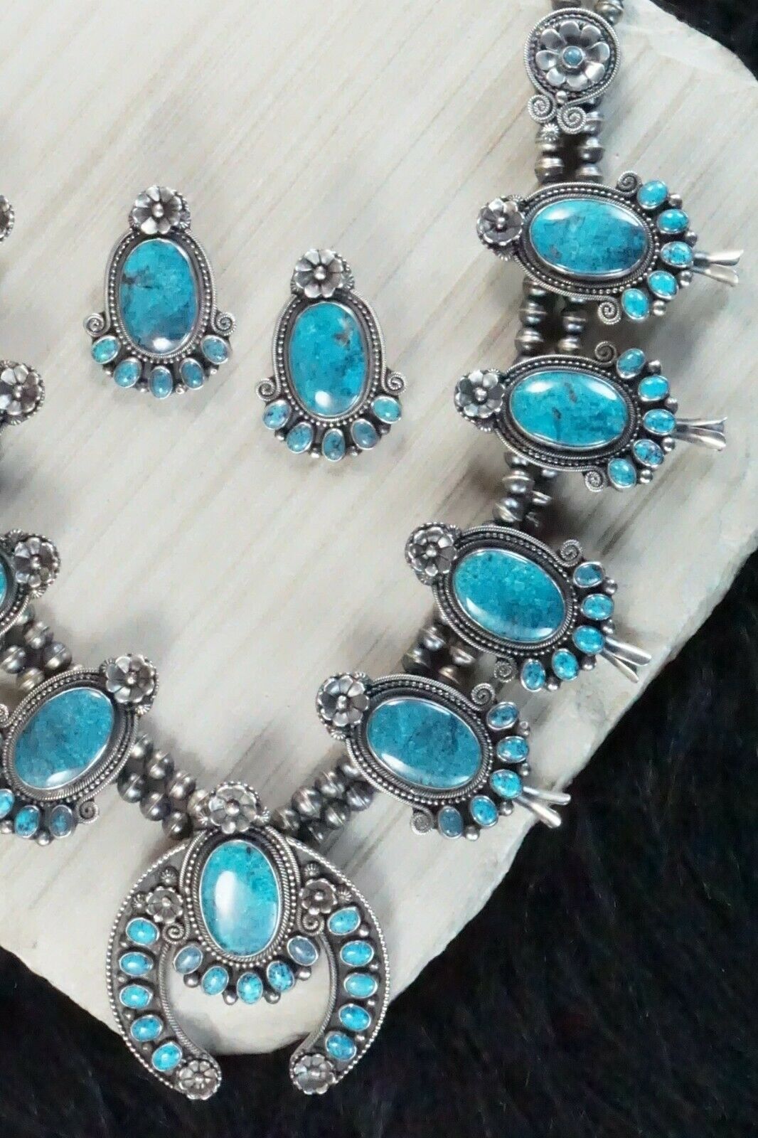 Turquoise & Sterling Silver Squash Blossom & Earrings - Myron Etsitty