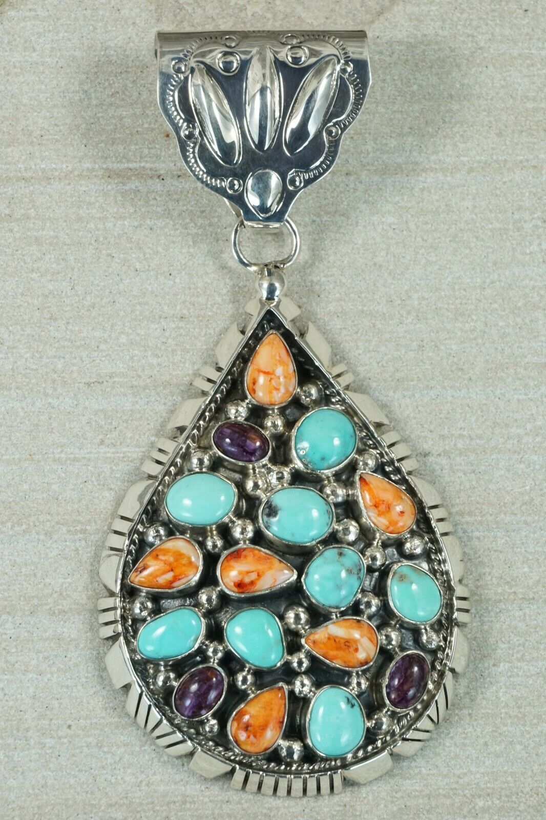 Navajo Turquoise, Spiny Oyster and Sterling Silver Pendant - Raymond Delgarito