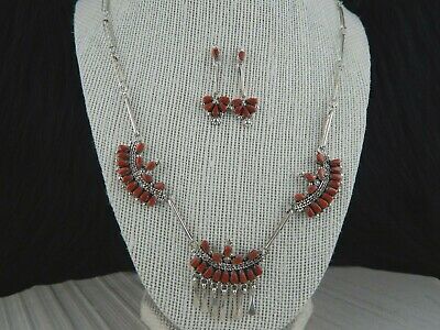 Zuni Coral & Sterling Silver Necklace and Earring Set - Florine Beyuka - Zuni - High Lonesome Trading