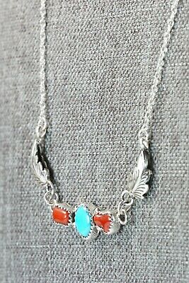 Navajo Turquoise, Coral & Sterling Silver Necklace - Verley Betone