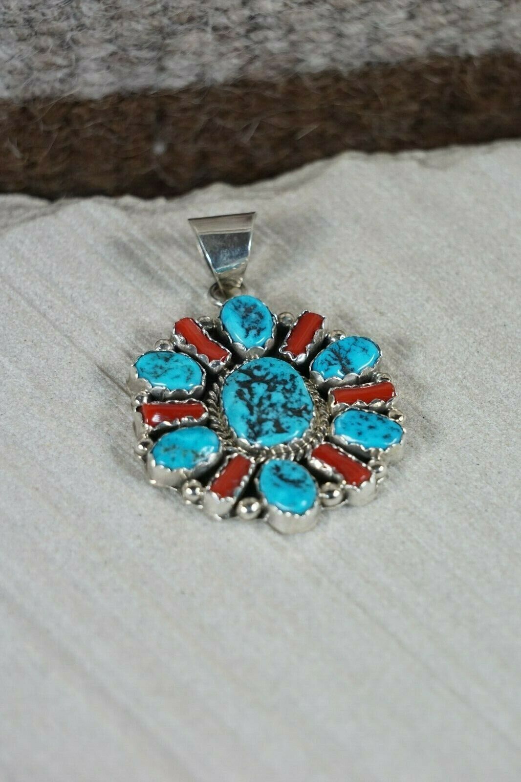 Navajo Turquoise, Coral and Sterling Silver Pendant - Pearlene Spencer - High Lonesome Trading