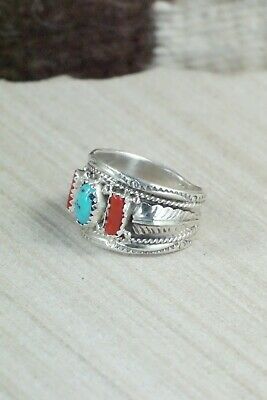 Turquoise, Coral and Sterling Silver Ring - Harrison & Betty Begay - 9.5