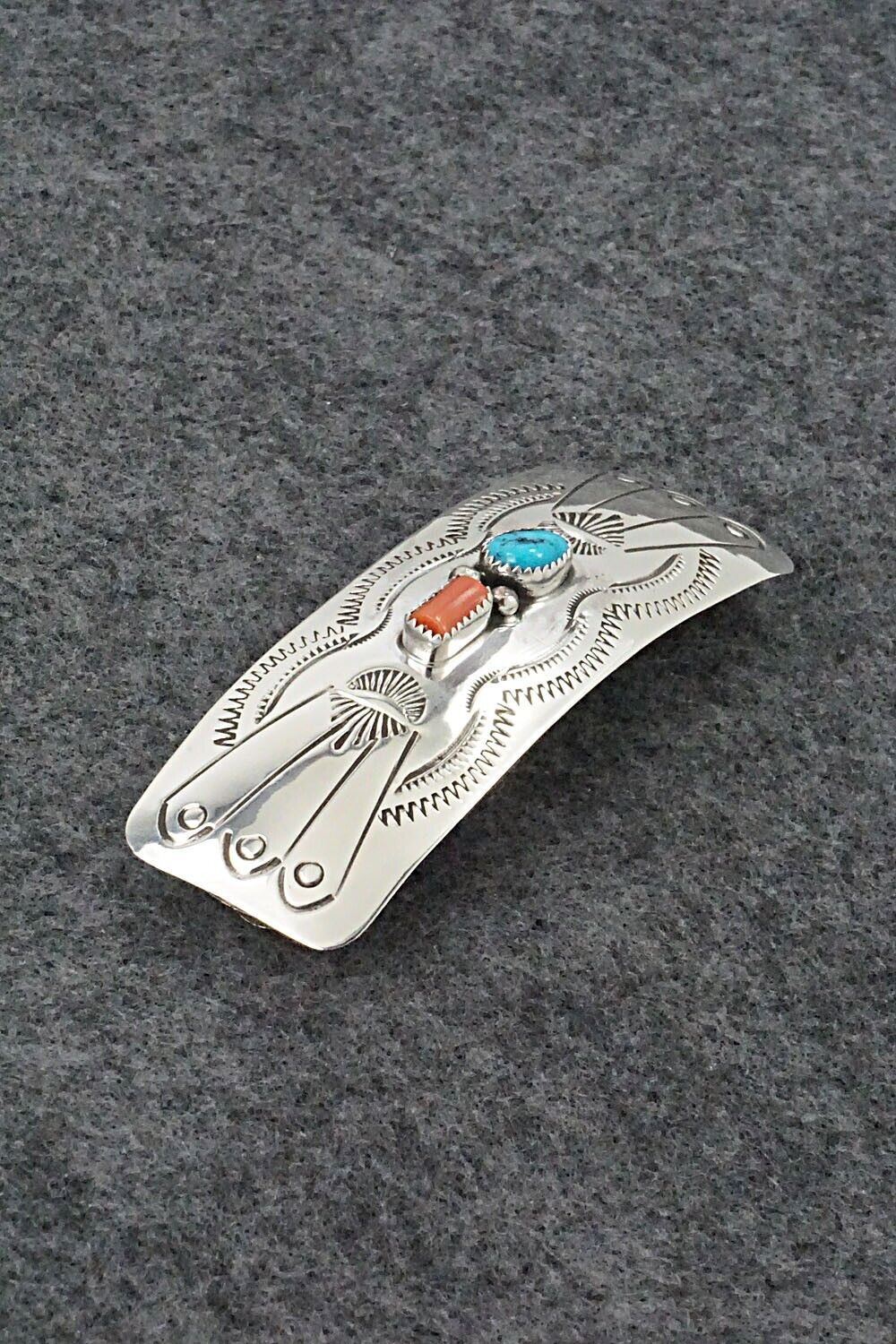Turquoise, Coral & Sterling Silver Hair Barrette - Joann Silver