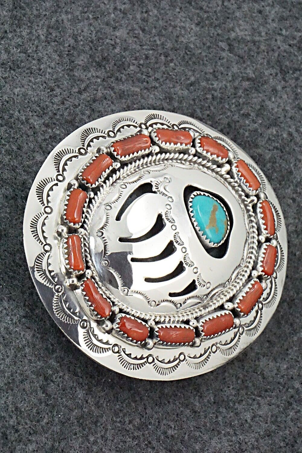 Turquoise, Coral & Sterling Silver Belt Buckle - Wilbert Muskett Sr.