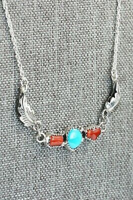 Navajo Turquoise, Coral & Sterling Silver Necklace - Verley Betone
