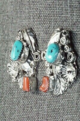 Turquoise, Coral & Sterling Silver Earrings - Harry B Yazzie