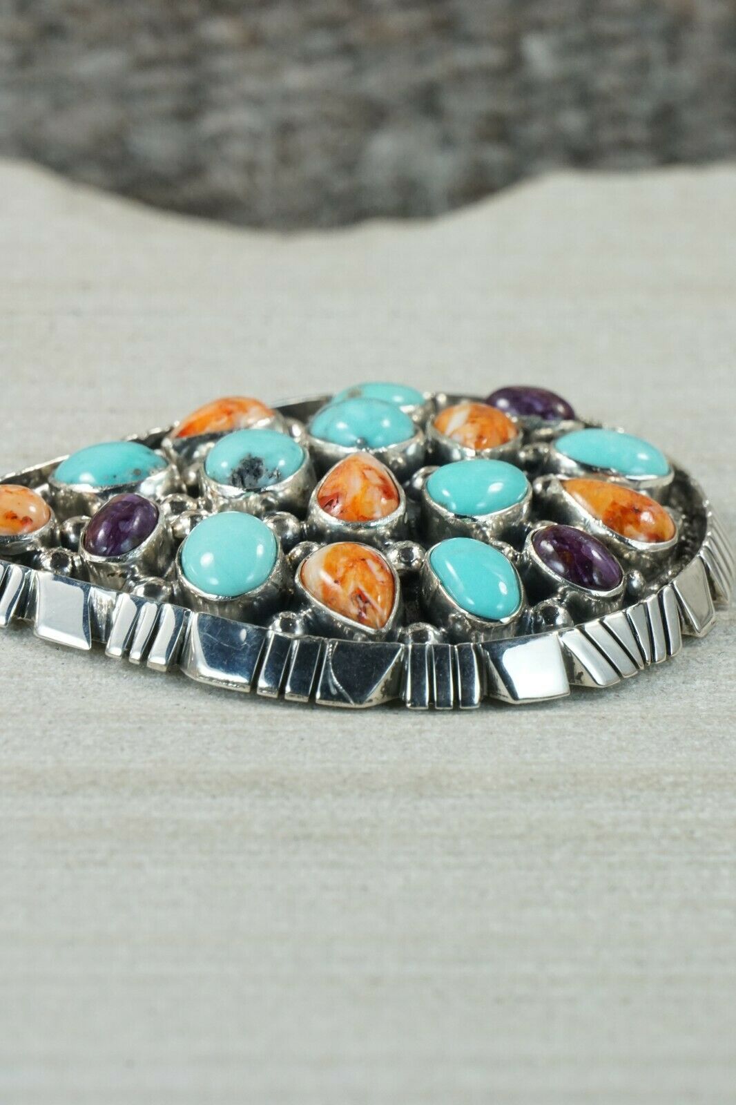 Navajo Turquoise, Spiny Oyster and Sterling Silver Pendant - Raymond Delgarito