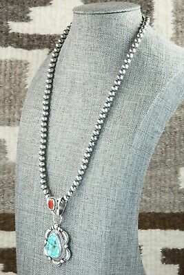 Turquoise, Coral Pendant & Sterling Silver Necklace - Tom Lewis