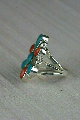 Navajo Turquoise and Coral Cluster Sterling Silver Ring - Roberta Begay - Size 6 - High Lonesome Trading