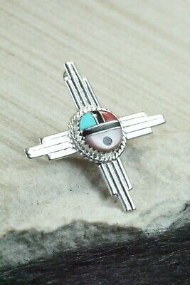 Turquoise, Coral & Sterling Silver Sun Face Pendant/ Pin - Elvira Kiyite