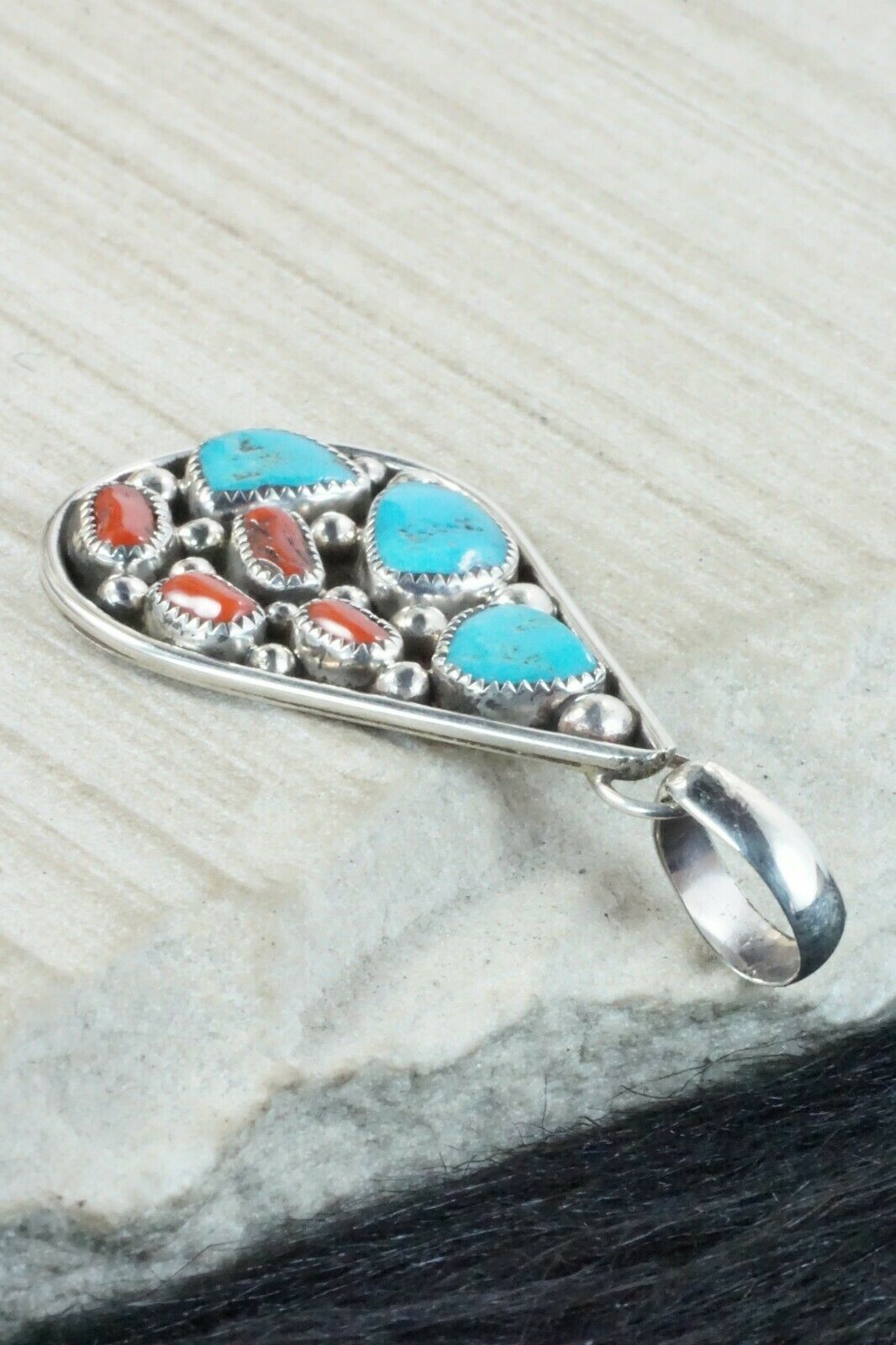 Turquoise, Coral and Sterling Silver Pendant - Priscilla Reeder