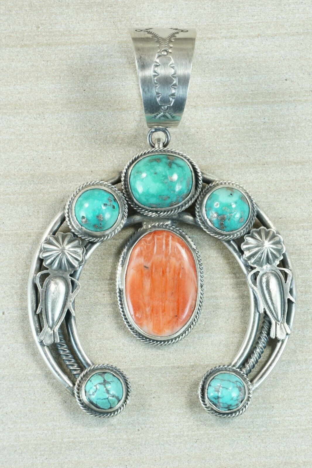 Turquoise, Spiny Oyster and Sterling Silver Pendant - Raymond Delgarito