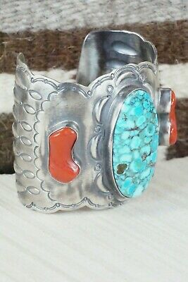 Navajo Turquoise, Coral & Sterling Silver Bracelet - Raymond Delgarito