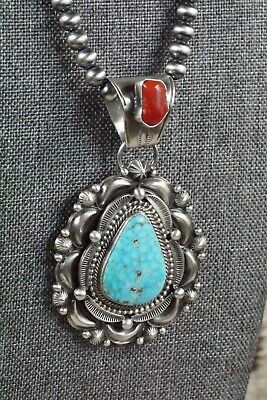 Turquoise, Coral Pendant & Sterling Silver Necklace - Tom Lewis