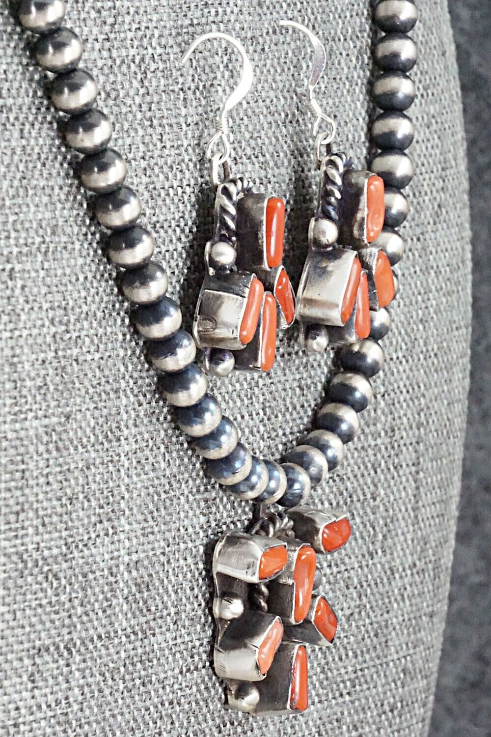 Coral & Sterling Silver Necklace and Earrings Set - Wilson Dawes