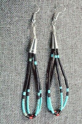 Turquoise, Jet, Coral & Sterling Silver Earrings - Esquipula Tenorio