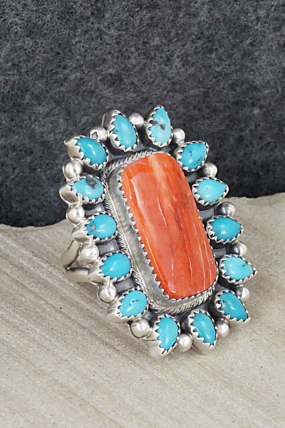 Turquoise, Spiny Oyster & Sterling Silver Ring - Tom Lewis - Size 7.75