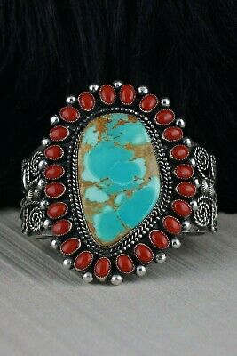 Navajo Turquoise & Coral Sterling Silver Bracelet - Braxton Parkett - High Lonesome Trading