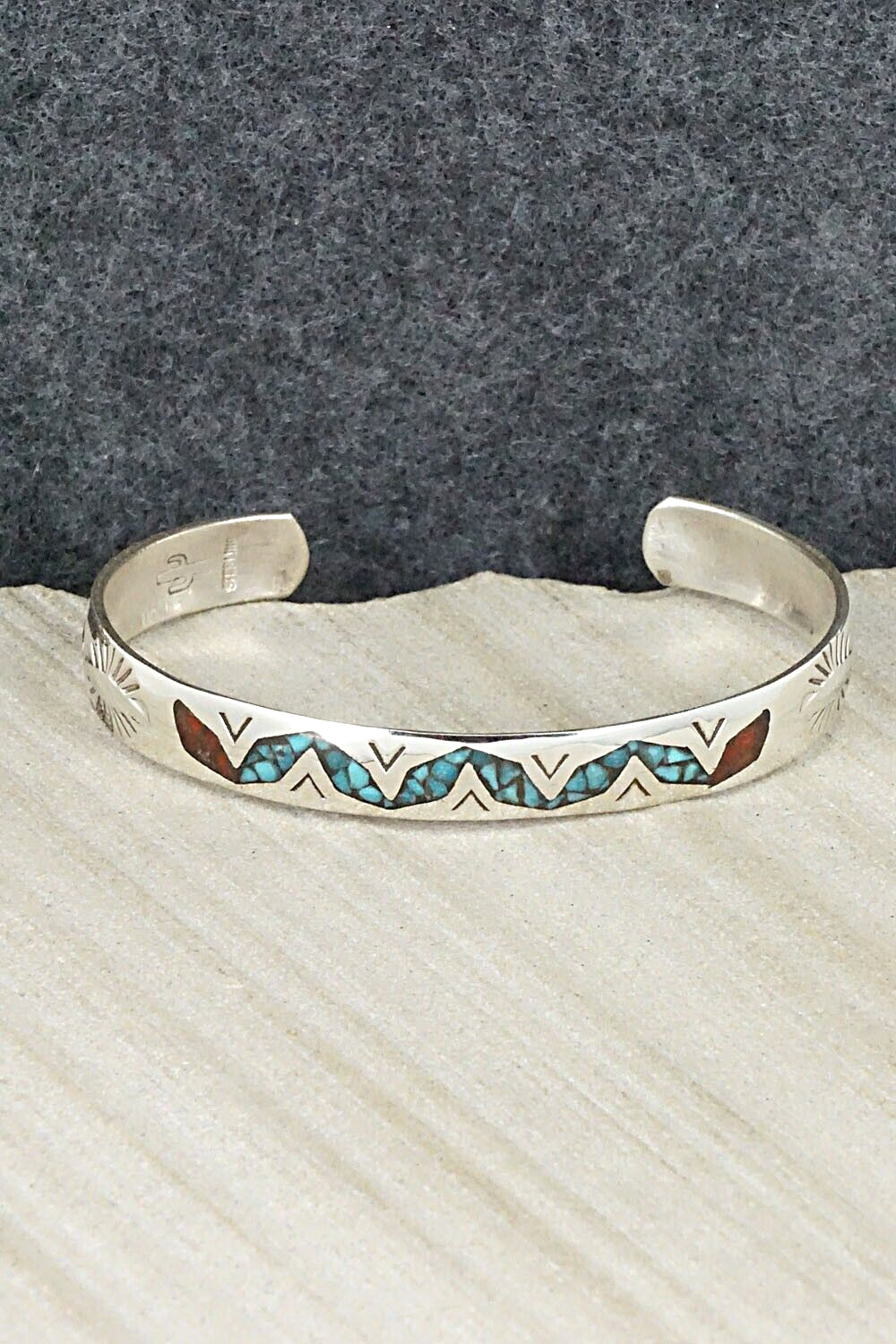 Turquoise, Coral Chip Inlay & Sterling Silver Bracelet - Jolene Yazzie