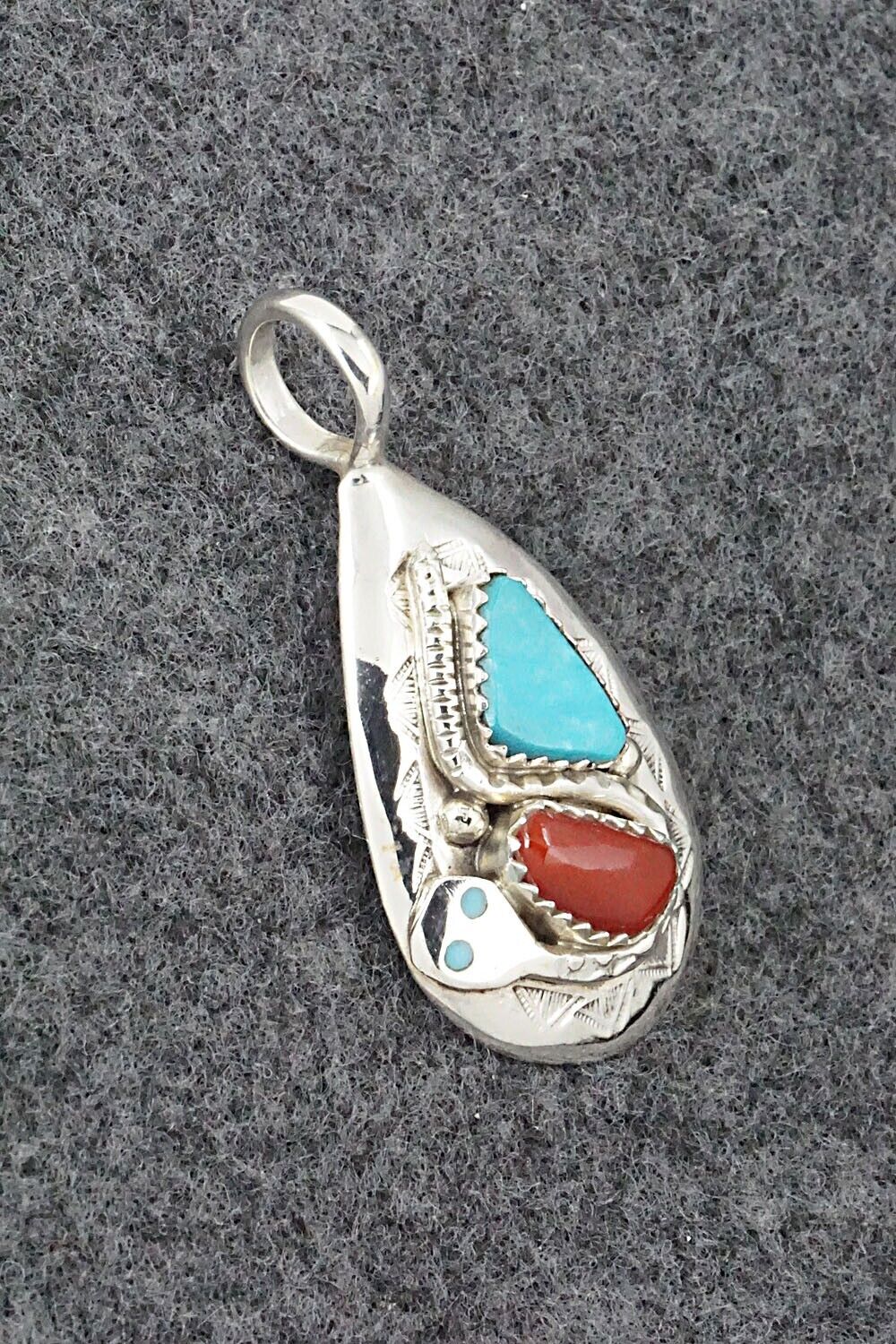 Turquoise, Coral and Sterling Silver Pendant - Joy Calavaza