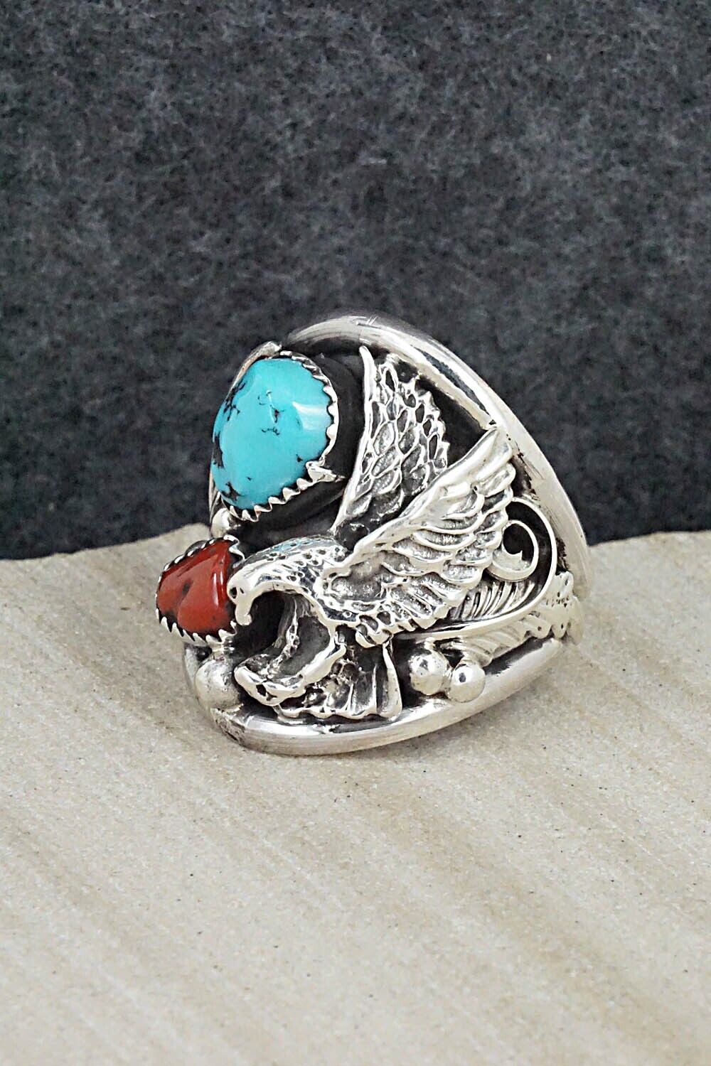 Turquoise, Coral & Sterling Silver Ring - Jeannette Saunders - Size 10.5